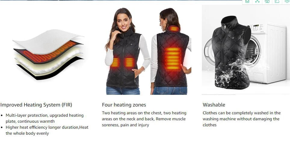 Women's Graphene Heated Vest, 4/9 Zones, USB