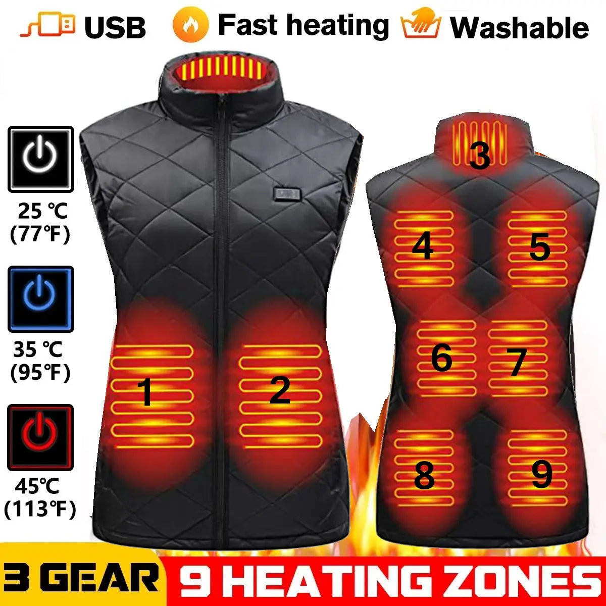Women's V-Neck Zip Heated Vest, 4/9 Zones