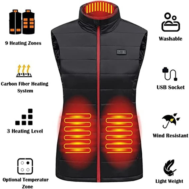 Women's Graphene Heated Vest, 4/9 Zones, USB