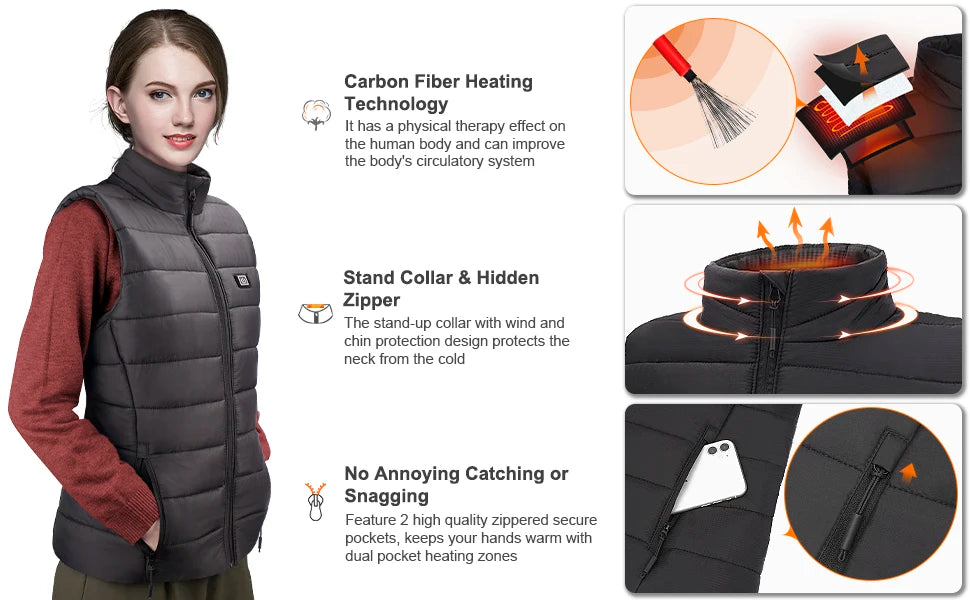 Women's Graphene Heated Vest, 4/9 Zones, USB