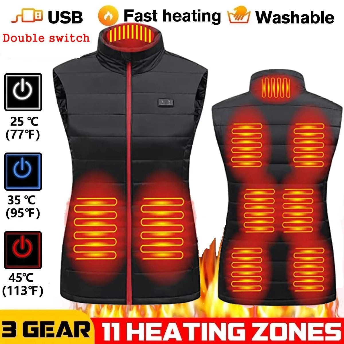 Women's Graphene Heated Vest, 4/9 Zones, USB