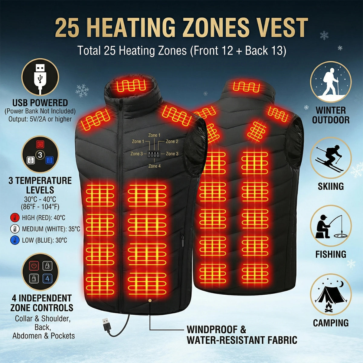 Smart Heated Vest, 21 Zones, 3 Heat Levels